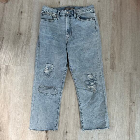 Point Sur J. Crew High Rise Slim Boy Jeans Distressed Patched Cropped Size 27 - Picture 1 of 10